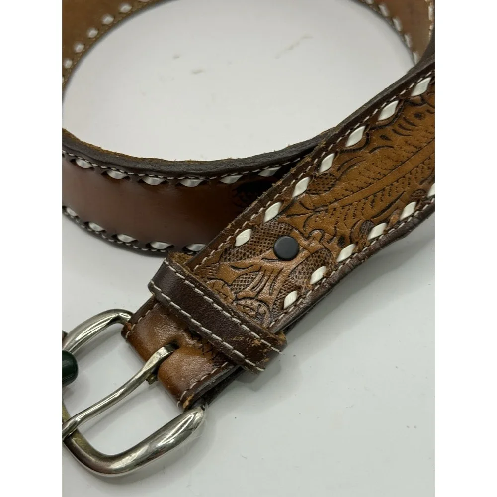Mens Leather Belt Brown Tan Tooled Leaf Acorns Western Look‎ White Edging